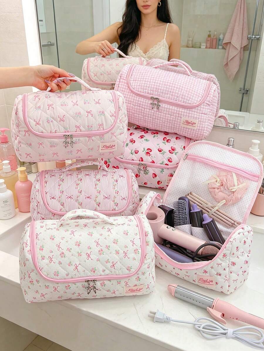 1 Stück Blumenmuster gesteppte Damen Kulturbeutel mit großer Kapazität, Waschbeutel, Hautpflegebeutel, Make-up-Tasche, Haartrockner-Aufbewahrungstasche mit Innentasche, Trocken-Nass-Trennung Design Haartrockner-Halter Haarzubehör-Tasche tragbarer Reisekoffer, Geschenk für Mama, Reisegeschenk, Reiseessentials - Verschiedenfarbig - Übersicht 1