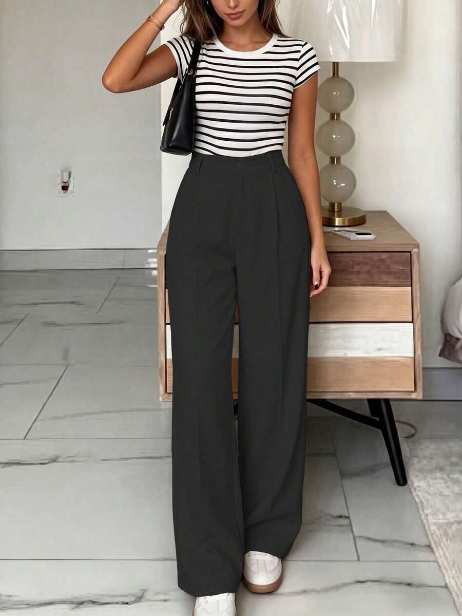 Pantalones de pierna ancha de cintura alta con rayas blancas, estilo de calle bohemio, adecuados para uso casual y para ir al trabajo en primavera/verano (cinturón no incluido) - Multicolor - Ver 1