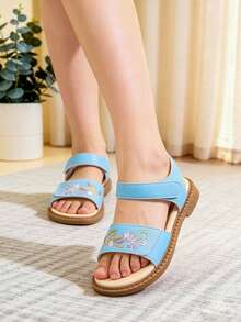 Kids' Fashion Sandals, Flat Sandals, Hook And Loop Sandals, Versatile Comfortable Sandals, All-Match Sandals, Easy-To-Wear Sandals, Embroidered Sandals, Suitable For Vacation And Daily Wear - Baby Blue - View 2