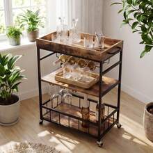 3 Tier Rolling Bar Cart With Wine Rack And Handle, Mobile Serving Trolley With Wheels, Kitchen Storage Cart For Dining Living Room Bedroom Outdoor Use - 棕色 - 查看 8