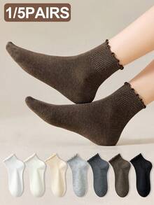 1/5 Pairs Random Women's Solid Color Minimalist Breathable Absorbent Casual Ankle Socks With Ruffle Trim - Multicolor - View 3