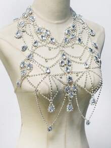 1pc Nightclub Bling Tassel Rhinestone Bra, Summer Beach Party Fashion Bikini Crystal Chest Chain - Silver - View 5