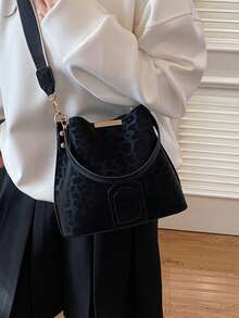 Nuevo Bolso de Moda Nicho Chic Casual Versátil Estampado de Leopardo Bolso Cubo Vintage Clásico Textura Premium Correa Ancha Bolso de Mujer Bolso de Hombro Bandolera Bolso de Mano Trabajo Desplazamiento Cita Compras Bolso Urbano Sofisticado Diario - Negro - Ver 9