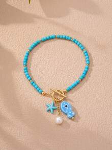 1件女款海星珍珠沙丁魚串珠多吊墜手鍊，夏季度假海灘飾品，女性禮物 - 藍色 - 查看 2