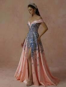 Off-Shoulder Long Elegant Sophisticated Tailored Applique & Print Pattern Strapless Evening Gown Wedding Party - Baby Pink - View 7