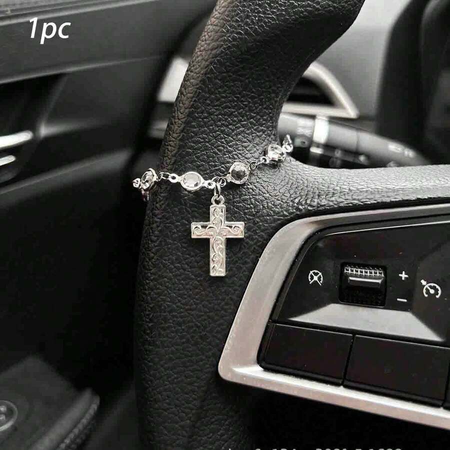 1pc Universal Car Steering Wheel & Rearview Mirror Decoration - 4 Styles Available, Blessing Cross Design With Sparkling Crystals, Easy Installation, Premium Metal Car Interior Accessories, Suitable For Steering Wheel, Rearview Mirror And Car Decor - A - View 1