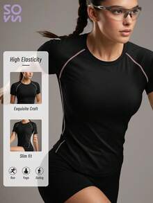 Soyun Women's Loose Fit Color Block Short Sleeve Top, Patchwork Design, Lightweight & Comfortable, Suitable For Fitness, Yoga Or As An Outerwear - Black - View 7