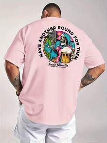 Camiseta de hombre moderna, holgada, de cuello redondo, informal para uso diario, de manga corta, con estampado divertido de calavera tomando cerveza, adecuada como regalo. - Negro - Ver 10