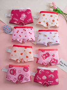 8pcs/Pack Girls' Comfortable Briefs With Cartoon Bear, Flower, Star, Strawberry, Heart Prints - Multicolor - View 2