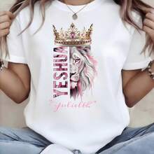 Camiseta de Mujer con Estampado de León y Corona en Rosa Acuarela de Lujo, Cuello Redondo Holgado, Suave y Transpirable, Corte Elegante, Impresión HD, Estilo Religioso Piratero, Versátil par - negro - Ver 2