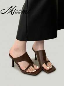 Sandal Selop Hak Tinggi Ujung Persegi Bergaya Retro untuk Wanita, Sandal Jepit Hak Tipis Musim Panas Terbaru untuk Aktivitas Luar Ruangan, Sandal Jepit - Coklat - View 7