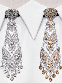 2Pcs Fashion Shiny Silver White & Champagne Rhinestone Ties, Integrated Adjustable Design, Elegant Men Accessories For Daily Date & Formal Occasions - White - View 1