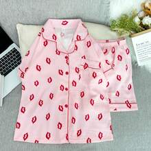 2pcs/Set Women's Mini Polka Dot Printed Pajama Set With Contrast Trim Button-Down Shirt And Bow Tie Shorts, Perfect For Home Wear In Summer White Set,Two Pieces Set - 紅色嘴唇 - 查看 4