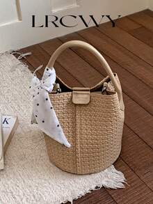 Women's Bucket Handbag, Fashionable Versatile Elegant Solid Color Striped Khaki Bag With Scarf, Suitable For Shopping And Commuting, Includes Small Pouch - Khaki - View 3