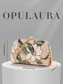 OpulAura 優雅亮面多色葉片與花卉拼接斜挎手拿包，適合婚禮，隨機圖案 - 杏色 - 查看 4