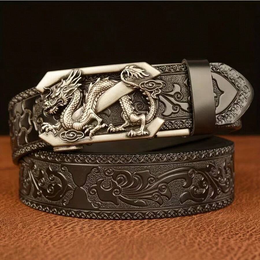 1pc Men's Belt: Vintage Style, Automatic Buckle Design, Embossed Pattern On Surface. Suitable For Daily Wear, Also An Ideal Gift For Husband And Father. Animal Casual PU(Polyurethane) Men's Belt All Seasons - Multicolor - View 1