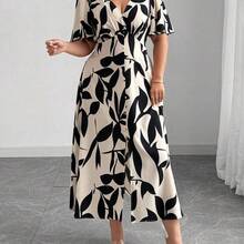 jianchaimaoyi02  Vestido de media manga con cuello en V, cintura con lazo, botones decorativos en el bajo y abertura, estilo elegante francés para uso casual - Óxido marrón - Ver 7