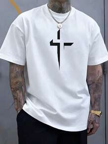 Camiseta de manga corta de cuello redondo para hombre con estampado minimalista de cruz, uso diario casual - Blanco - Ver 1