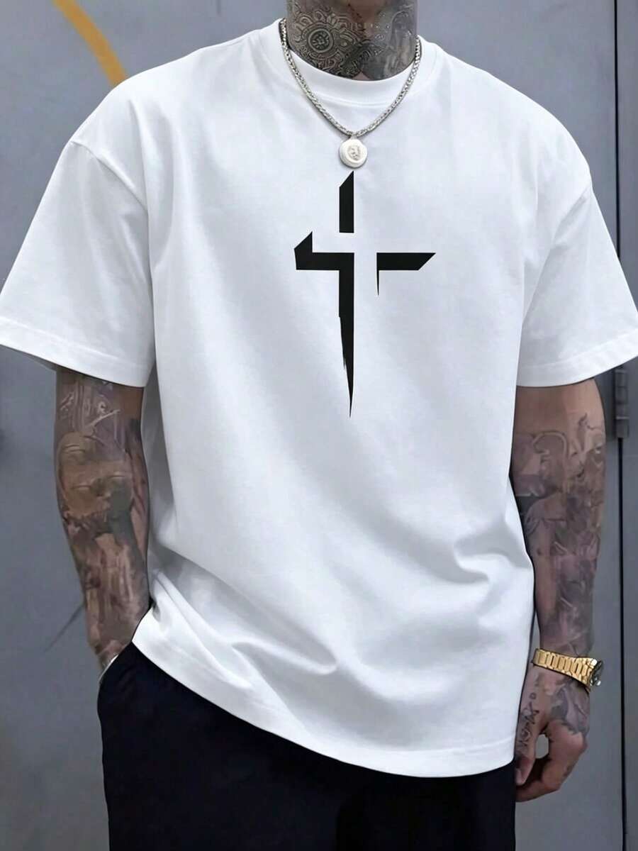 Camiseta de manga corta de cuello redondo para hombre con estampado minimalista de cruz, uso diario casual - Blanco - Ver 1