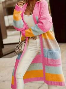 Plus Size Women's Dropped Shoulder Long Sleeve Sweater Pocket Design Autumn Winter Casual Color Block Striped Long Cardigan - Pink - View 4