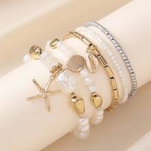 Set de 7 pulseras de capas con perlas de concha y estrella de mar, diseño de estilo bohemio, adecuado para uso casual en vacaciones en la playa, patrón de concha aleatorio, también adecuado para fiesta, boda, pulsera de novia - Dorado - Ver 8