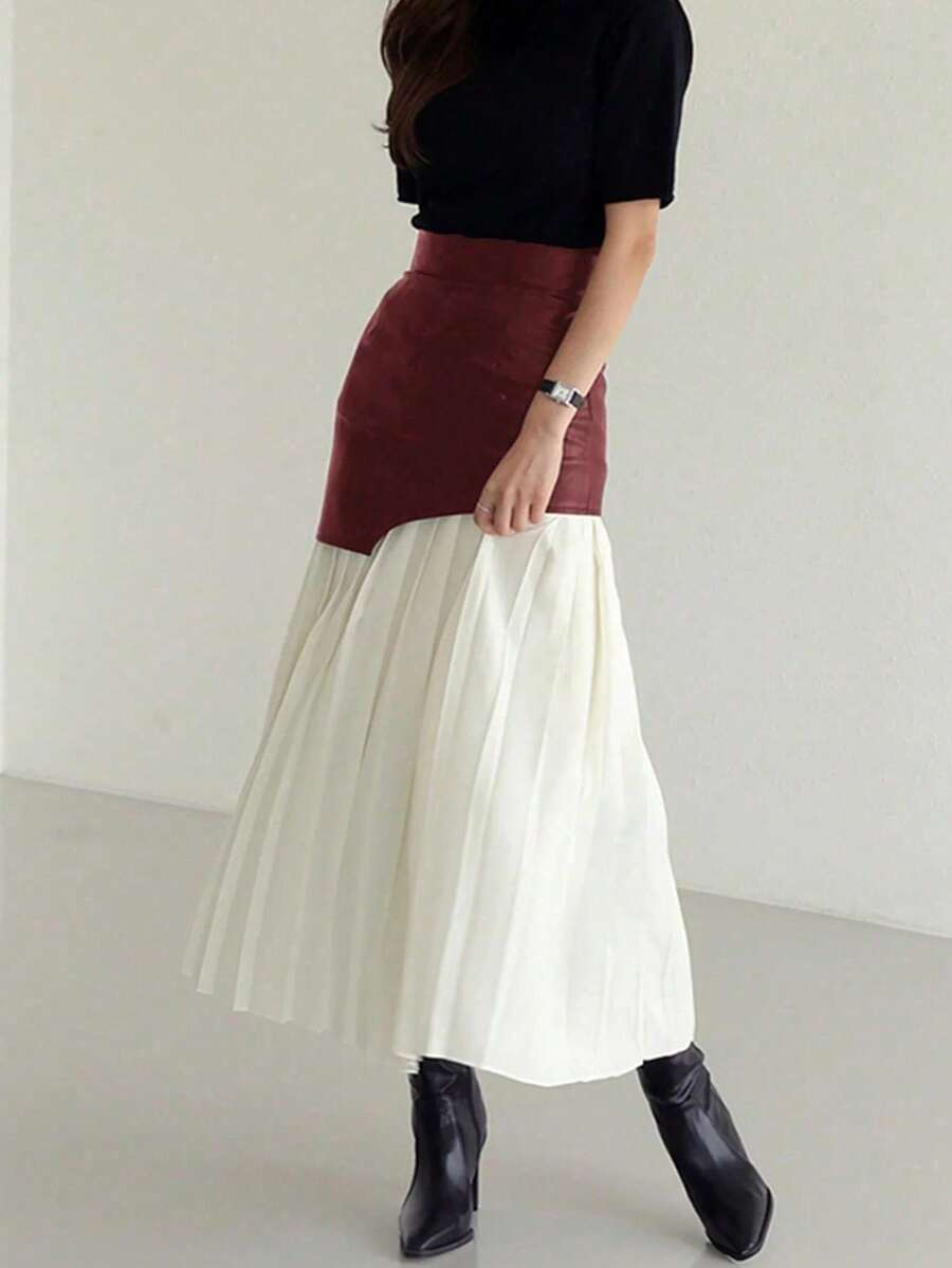 Falda plisada larga de patchwork de piel sintética con línea A para mujeres, casual de verano y primavera - Rojo - Ver 1