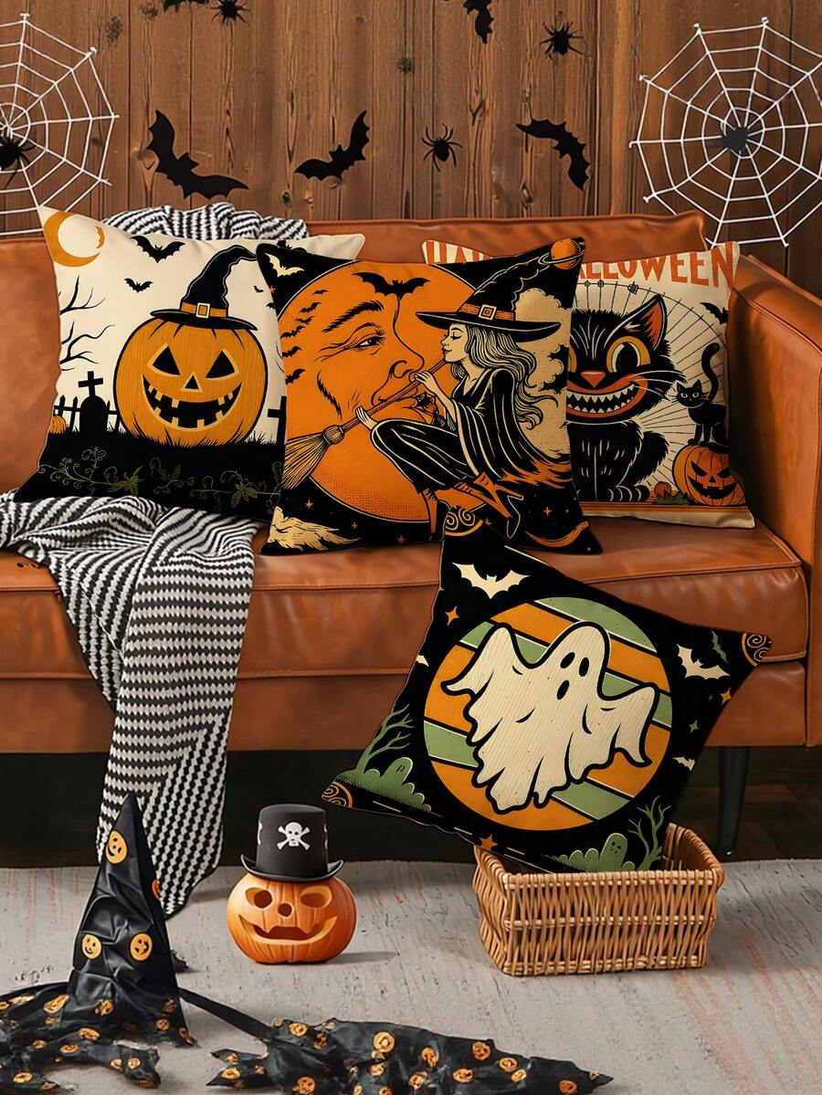 4pcs Halloween Theme Polyester Pillow Covers (17.72 X 17.72 Inches), Featuring Pumpkin, Black Cat, Witch, Ghost, Bat Patterns, Suitable For Halloween Winter Holiday Home Sofa And Living Room Decoration (Pillow Inserts Not Included)