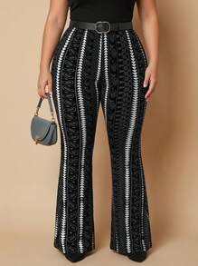 Whisplicity Plus Size Fashion Casual Geometric Print Flare Pants Spring Black - View 1