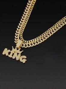 Kalung Liontin Huruf Rantai Kuba Hip-Hop Unisex Bertabur Berlian, Hadiah Terbaik Serbaguna untuk Teman dan Keluarga - MultiWarna - View 7
