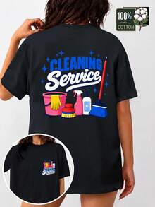 Camiseta de manga corta de color sólido para mujer - Estampado "Happy Cleaning Service" - Camiseta casual de cuello redondo, lavable a máquina para uso diario, adecuada como regalo para vaca - Negro - Ver 1
