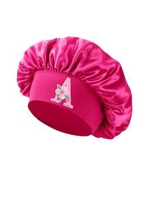 1pc Toddler Satin Hair Bonnet, Hair Protection, 3-8 Years Old Girls Sleep Cap, Floral & Letter Design, Adjustable Night Cap - Hot Pink - View 5