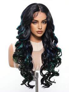 13*5*1 T-Part Lace Front Hair Wigs Black Highlights Green Long Curly Mid Split Wigs , Half Wig Natural Synthetic Heat Resistant Wigs For Women Daily Party Use Natural Looking, Halloween Christmas Gifts, Gifts For Girlfriends - Green Highlight - View 6