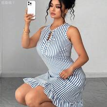 jianchaimaoyi02  Vestido de verano elegante con estampado floral de cuello redondo sin mangas y ajustado para mujer de talla grande, vestido de verano cómodo y casual, - Rosa - Ver 4