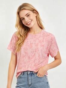 Camiseta casual de mujer con estampado tie-dye rosa, cuello redondo, manga corta, ajuste holgado, top básico transpirable para uso diario y streetwear - Rosa - Ver 4