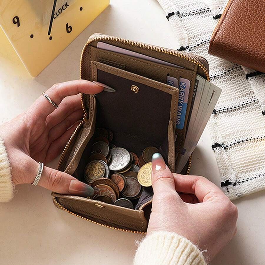 Lychee Texture Japanese Niche Zipper Bi-Fold Wallet Coin Purse Multi-Functional Coin Storage Bag