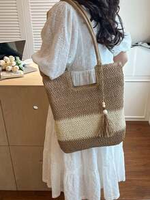 夏季草編海灘包 大容量手提包 度假風簡約百搭女包 - 卡其色 - 查看 4
