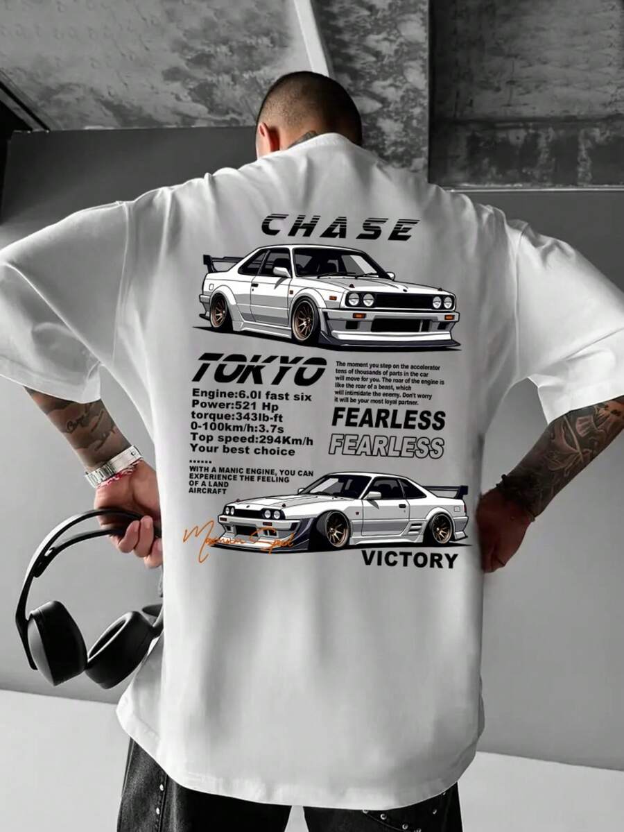 Men's Short-Sleeved T-Shirt With Slogan Lettering Print And Racing Parameter Illustrations, European And American Urban Style For Adults. - 白色 - 查看 1