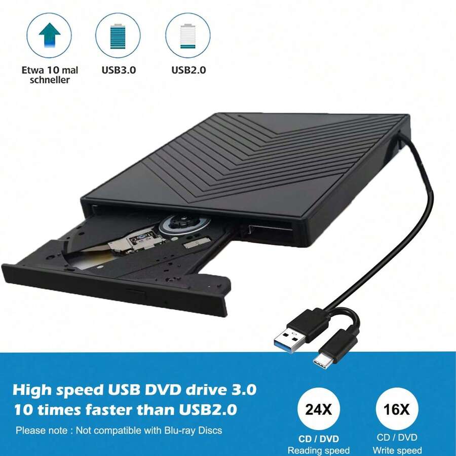 五合一外置光驱，USB3.0+Type-C双接口，便携式CD/DVD/VCD刻录机，超薄光驱，带SD/TF卡读卡器，兼容笔记本电脑、台式机、
