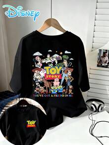 T-Shirt With Disney Toy Story Motifs, Short-Sleeved Men's T-Shirt Made Of Pure Cotton, Loose And Casual Style, Suitable For Everyday Wear, Street Style, Perfect For Summer, Unisex, Matching Look. - 黑色 - 查看 2
