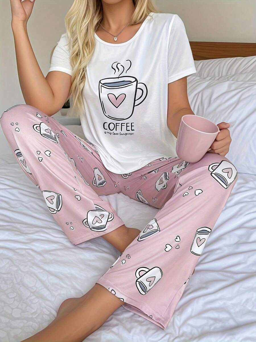 White Printed Short Sleeve Top And Printed Long Pants 2 Pieces Pajama Set For Women - White - View 1