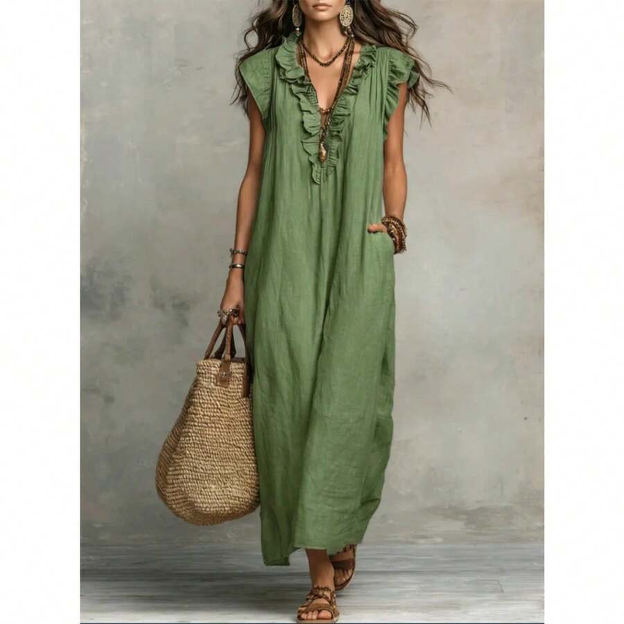 2026 European And American Spring And Summer New Bohemian Flying Sleeves And Ground Length - Hijau Tentara - View 1