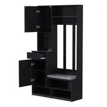 Wardrobe Set, Complete Hallway Wardrobe Set With Bench, 4 Hooks, Doors & Drawers, Compact Dimensions 100*180*35 Cm (W*H*D) - Black - View 11