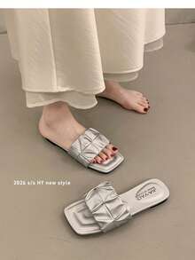 Women's Flat Square Toe Solid Color Sandals, Suitable For Beach, Home, Shopping, Dating, Office, Commuting, Fashion Casual - Silver - View 3
