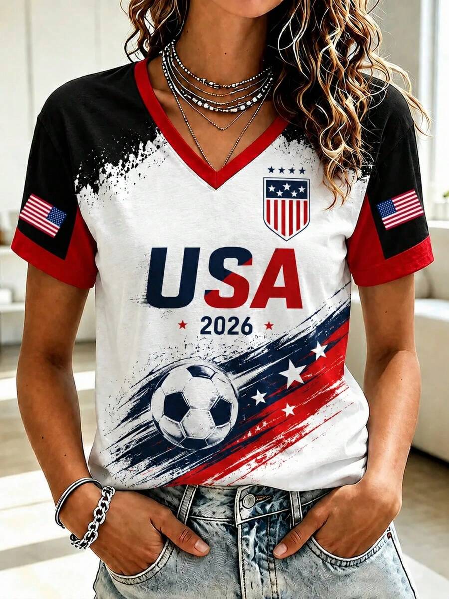 USA 2026 Soccer T-Shirt For Teen & - -Neck Short Sleeve Jersey With 3D Print, Casual Sports Tee Suitable For Game Day Outfits, Training, Fan Apparel - 彩色 - 查看 1