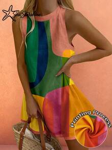 Sea Starshine Spring/Summer New Arrival: Bohemian Style, Dopamine Bright Color Blocking, Geometric Print, Sleeveless, Round Neck Dress Elegant - Multicolor - View 7