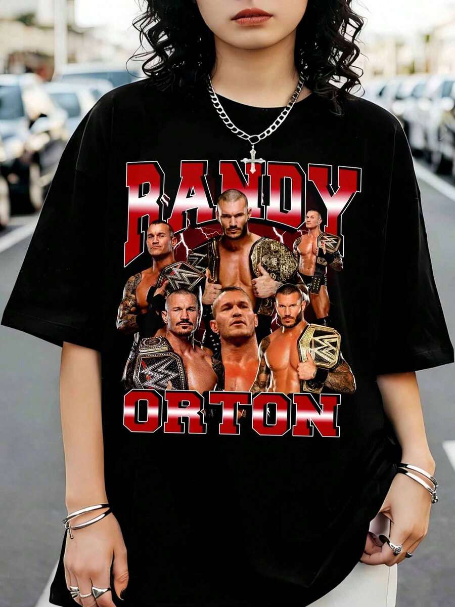 Retro Randy Orton WWES Graphic T-Shirt, Crew Neck, Short Sleeves, Casual Style, For Fans - Black - View 1