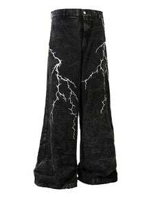 Dark Techwear Style Black & Grey Washed Denim Jeans, Lightning Embroidery Extra Wide Leg Men's Unique Casual Pants - Black - View 4