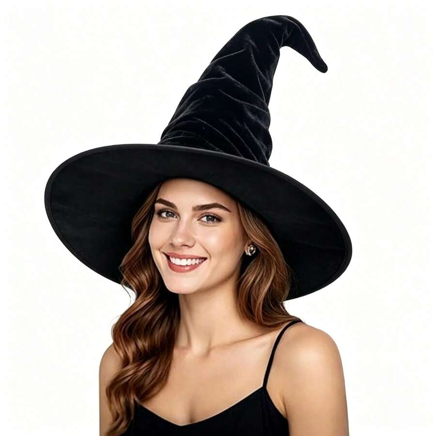 Black Tassel Witch Hat, Halloween Spider & Bat Decorated Wizard Hat, Wrinkled Horror Party Costume Accessory - Hat - View 1
