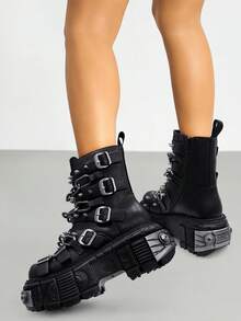 AYUSTONG Women's Thick Sole Ankle Boots, Decorated With Sequins And Rivets, Motorcycle Boots, Gothic Punk Style, With Metal Decorative Chain And Zipper - Black - View 8