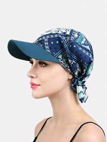 1 pieza Pañuelo/Gorra elástica con lazo para mujer de primavera/verano con ala, protección solar, adecuado para uso diario - azul étnico - Ver 6